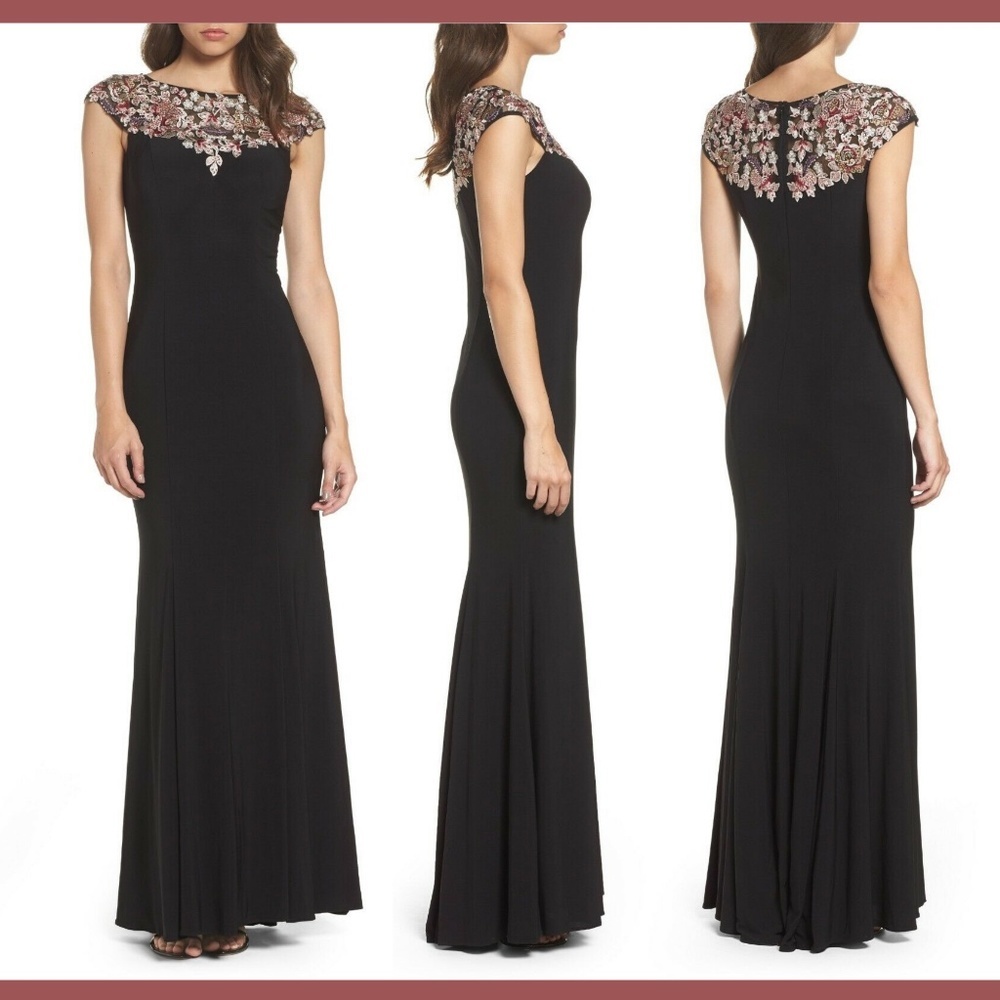 NWT XSCAPE‎ Floral Yoke Jersey Gown Black [SZ 12 ]